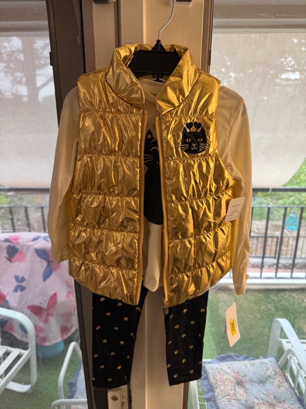 Metallic Gold Puffer Vest with Cute Cat Patch
